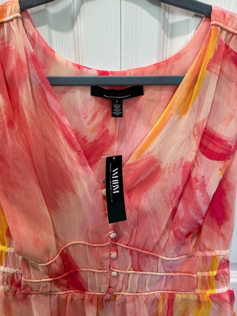 White House Black Market Pink & Yellow Watercolor V-Neck Peplum Blouse - Picture 5 of 6